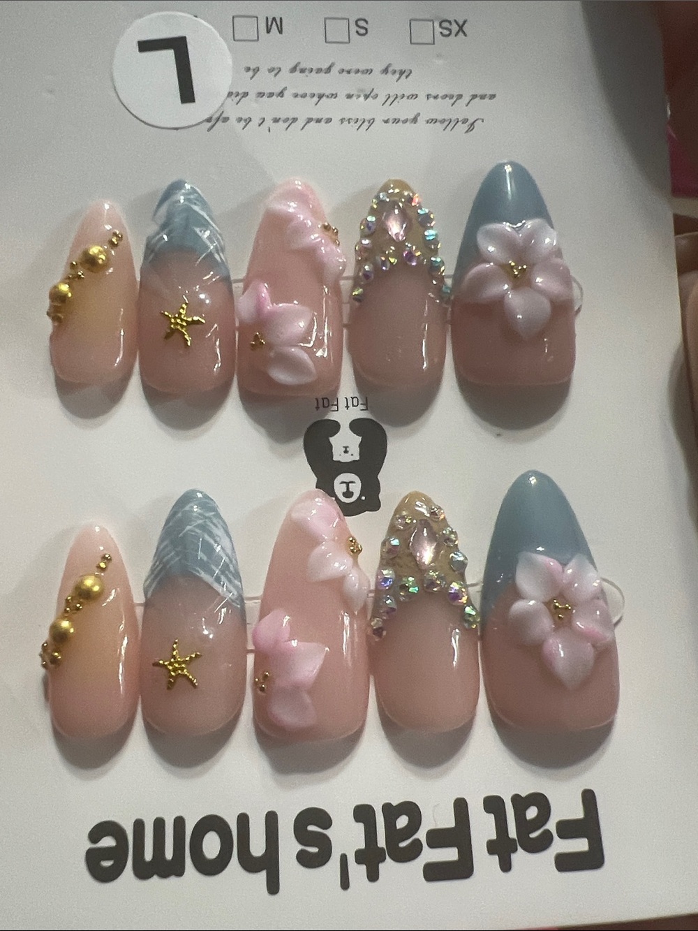 Gorgeous almond 2.5 Nail Set with Pink and Blue 3D Floral Accents rhinestone.